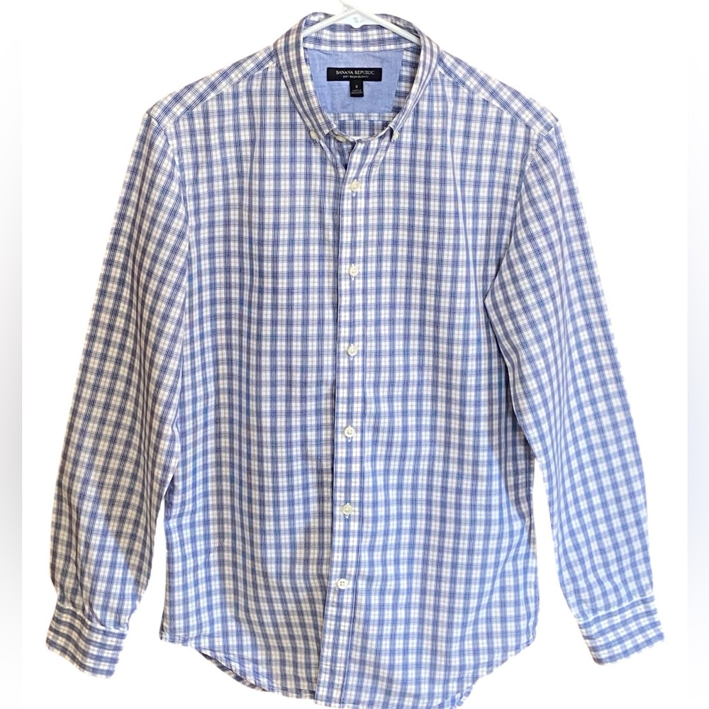 Banana Republic Blue Plaid Soft Wash Slim Fit Button-Up Cotton Shirt Small